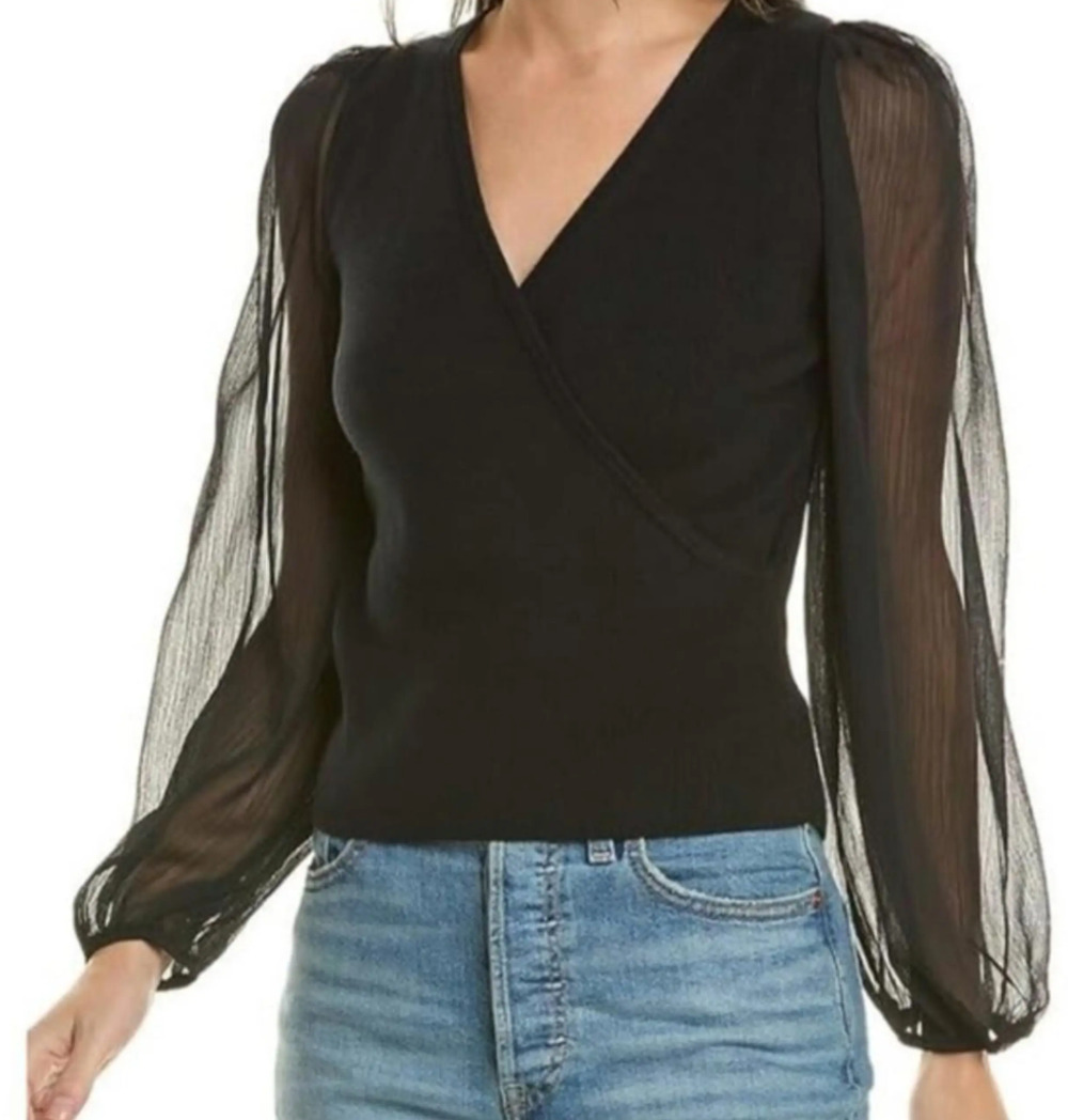 French Connection Black Mozart Melody Faux Wrap Sheer Sleeve Sweater NEW!